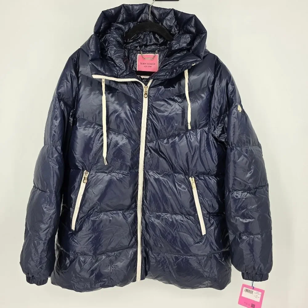 Kate Spade‎ Women's NWT Blue Metallic Hooded Zip Front Down Jacket Coat Large
